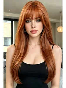 28 Inch Ginger Straight Wig with Bangs, Women's Copper Synthetic Hair, Heat Resistant, Perfect for Daily, Parties, Halloween
