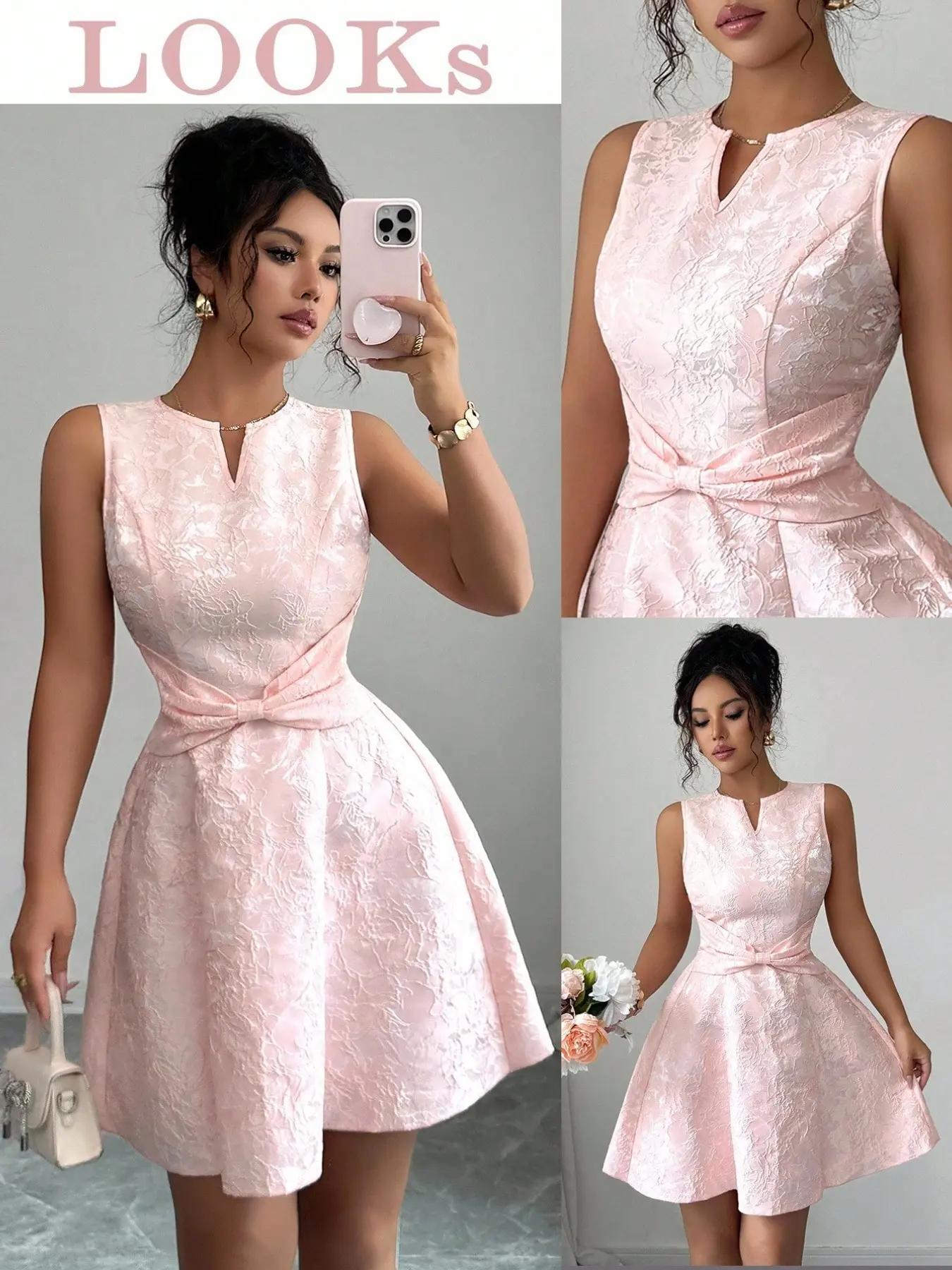 New Women's V-Neck Sleeveless Chic Elegant Mini Dress, bow decor dress, Embroidered Front Waist Bow Design, Back Tie, Spring Summer Lightweight Formal Wear Cocktail Dress, Evening Party Dresses