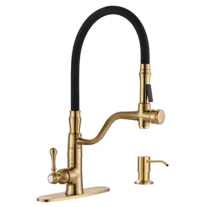 WOWOW Single Handle Pull Down Sprayer Kitchen Faucet with Soap Dispenser, Pull Out Spray Wand in Solid Brass in Gold