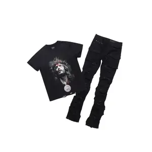 Amina Black T-Shirt Stacked Flare Jean Set