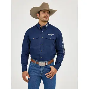 Wrangler Mens Logo Long Sleeve Button Down Solid Shirt - Navy