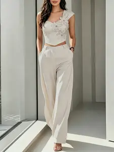 New Spring Summer Asymmetrical Shoulder Floral Vest Set, Waist Cinched Crop Top with Wide Leg Pants, Sweet, Seductive and Chic Style