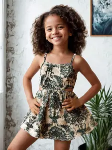 Girl's Floral Print Crop Tank Top Cami Dress, Boho Sleeveless Spaghetti Strap Dress for Beach Holiday Vacation, Kids Clothes for Summer