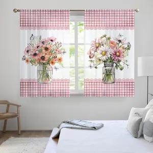 2pcs Watercolor Vase Grid Sheer Curtains, Short Kitchen Curtain Rod Pocket Thin Fabric, Cafe Window Drapes for Kitchen Bathroom