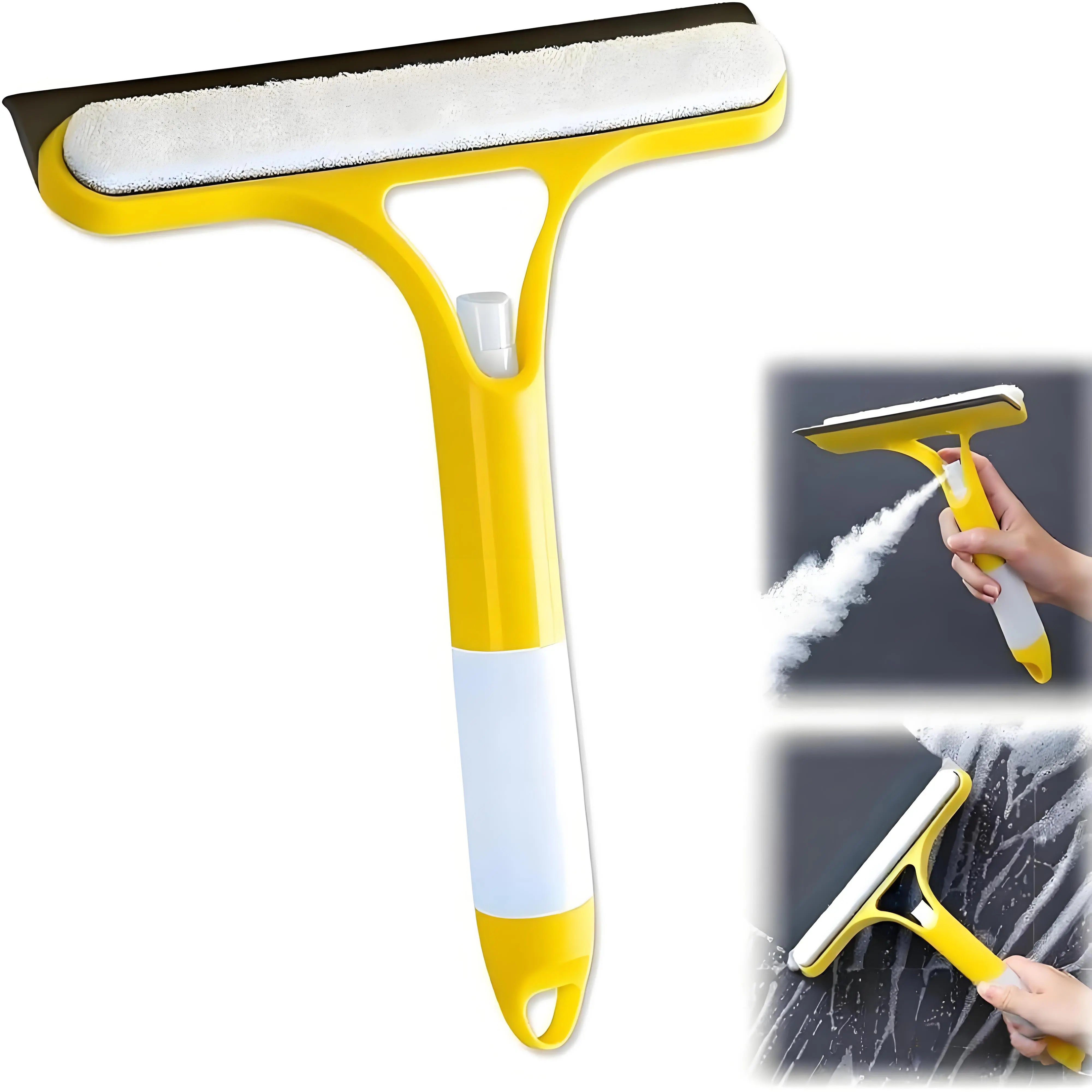 Compact 3-in-1 All-Purpose Squeegee - Lightweight Spray+Bottle+Scrape Tool with Scraper, Scrubber, Silicone Microfiber Wipe, Cleaning Brush Squeegees for Home Windows, Bathrooms, Decks
