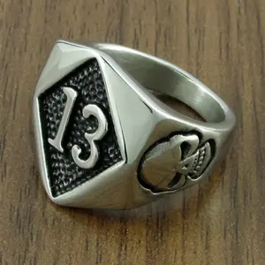 Free Shipping Punk Silver Color Black 316L Stainless Steel Thirteen Skull Ring Rock Number 13 Men's Skeleton Rings
