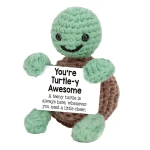 Cute Crochet Turtle Design Card Plush Toys, 1 Set Mini Funny Positive Turtle Gift, Croccheted Stuffed Animal, Handmade Crochet Animal, Emotional Motivational Support Turtle Decor Plush Toys, Anxiety Relief Products, Soft Stuffed Animal