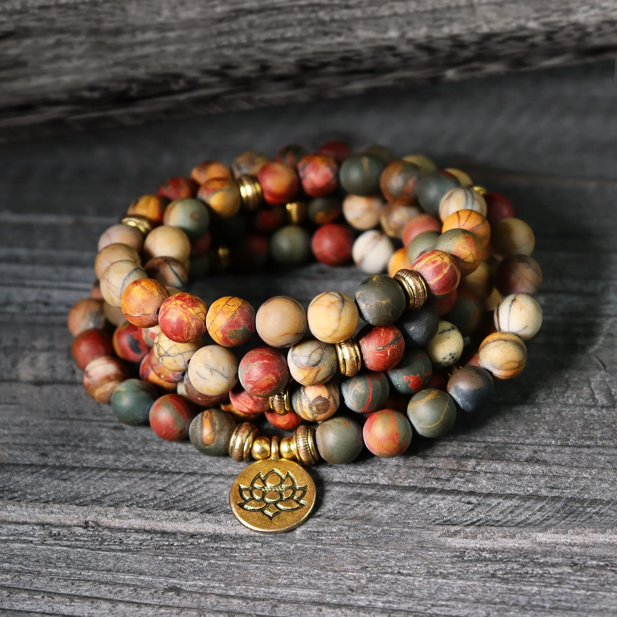 Natural Red Creek Jasper Prayer Lotus Charm Healing Reiki 108 Mala Beads Bracelet Prayer Meditation Inner Peace Bracelet