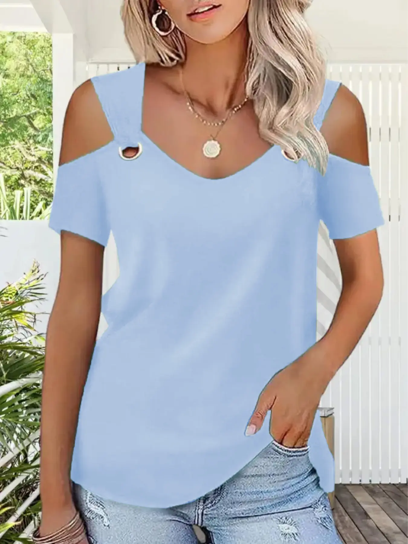 Plus Size Elegant Off-Shoulder Short Sleeve Fitted T-Shirt, Summer Round Neck Design Top for Casual and Formal Wear, Comfortable Washable Fashion Item