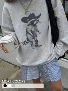 Women's Autumn/Winter New Simple Ins Style Raccoon Animal Graphic Round Neck Casual Pullover Sweatshirt Fashionable & Versatile, Gray