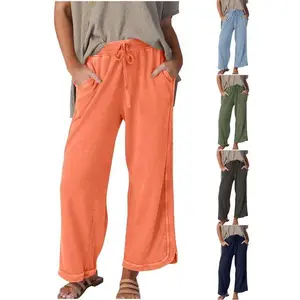 Women’s casual wide-leg sports pants, high-waisted loose acid-wash pants, drawstring sports palazzo pants with pockets (gift) GARMENTARY