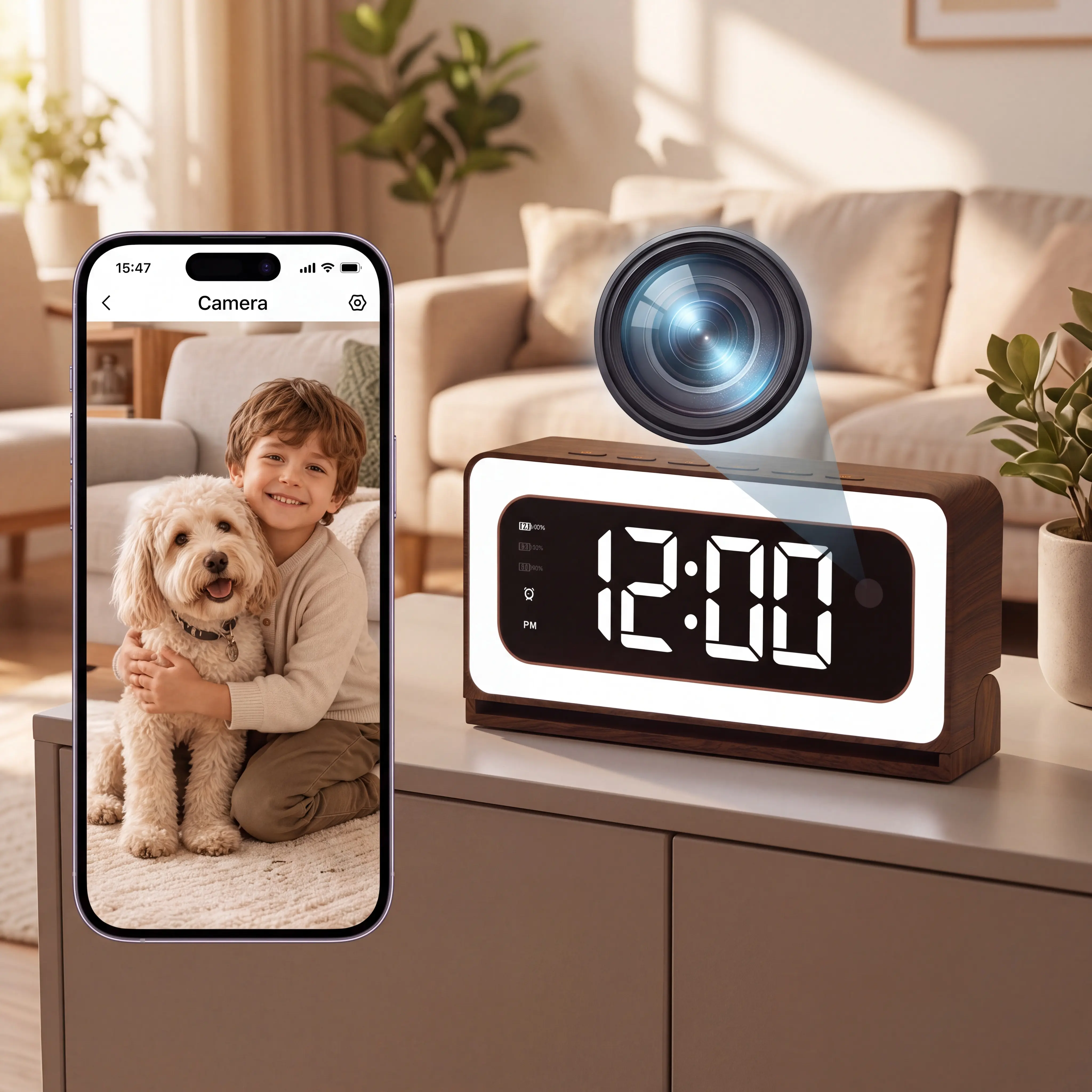 2K Wood Grain Clock Camera, 5G&2.4G WiFi Indoor Security Camera for Home, 3-in-1 with Alarm, Full Color Night Vision, Human Motion Detection, SD Card Storage