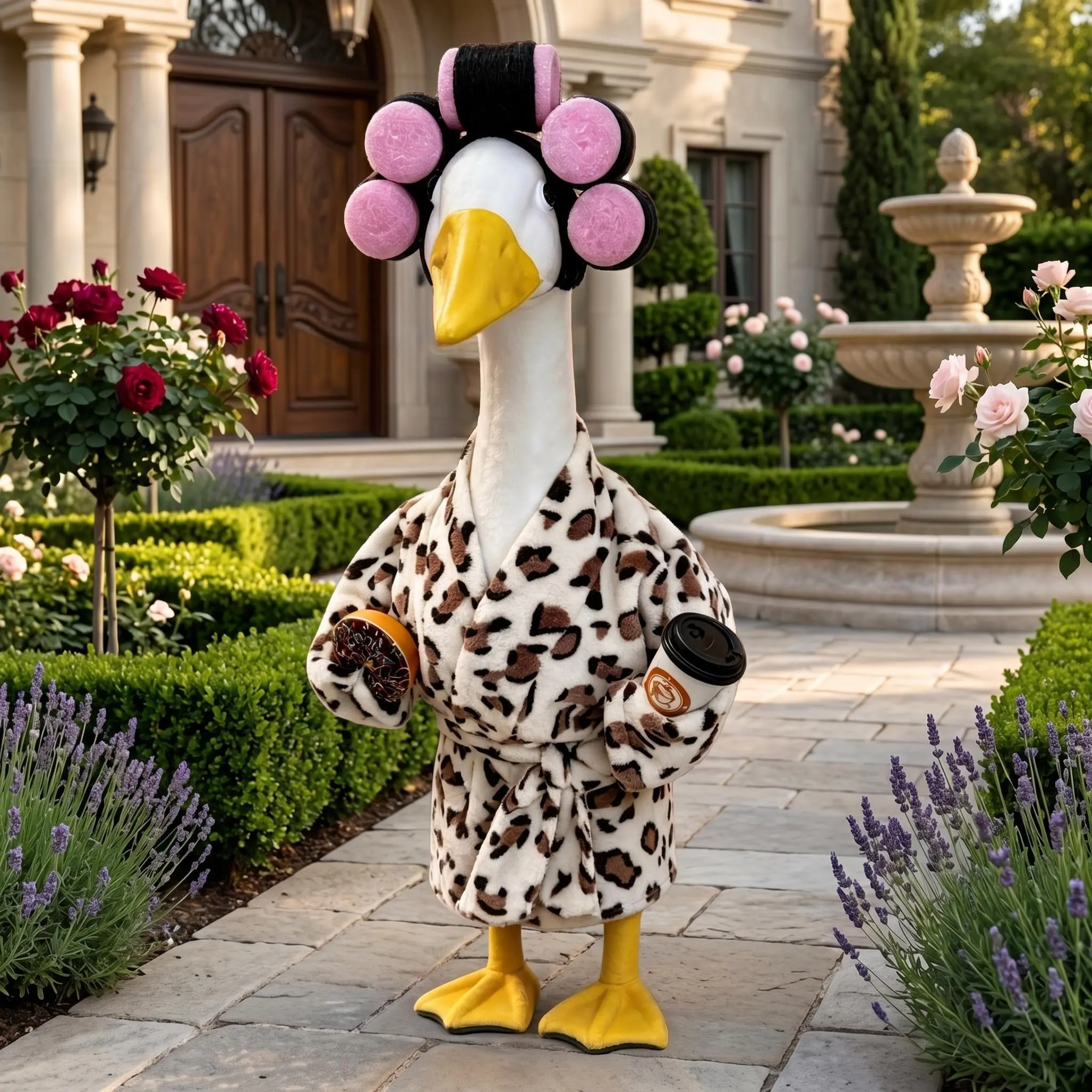 Leopard Print 4-Piece Goose Outfits for 23 inches Patio Lawn Statue - Bold Animal Print Bathrobe, Breakfast Set with Hair Rollers, Donut, Coffee Cup - Handcrafted Home Decor Statuary Accessory