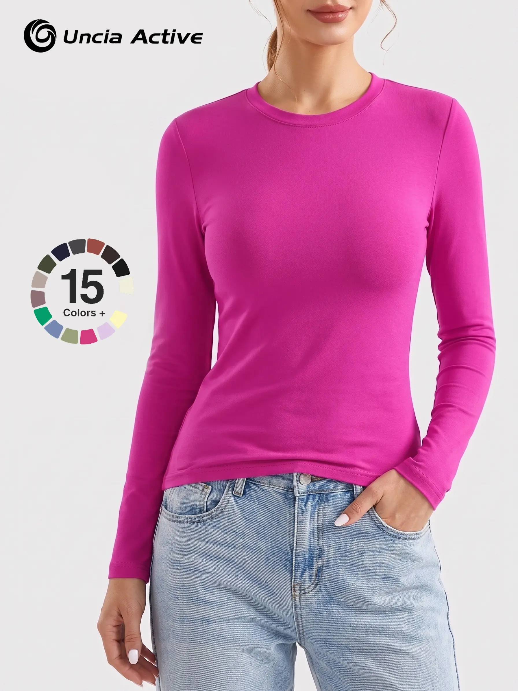 Round Neck Long Sleeve Workout Top, Slim Fit Cropped Athletic Shirts, Soft Stretchy Naked-Sense Yoga T-Shirt, Solid Color Daily Basic Sport Blouse