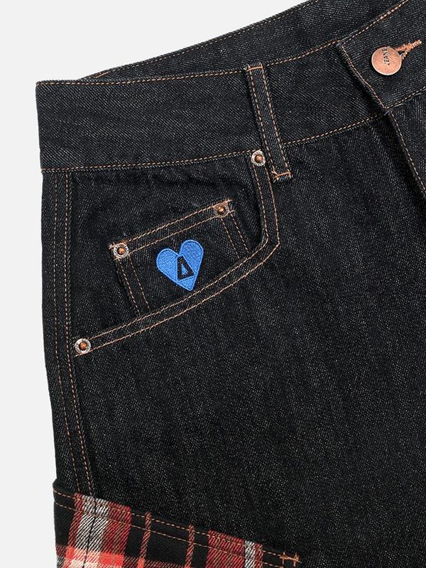 AELFRIC EDEN Super Baggy Jeans Plaid Patchwork Big Pocket Denim Trousers Unisex Vintage Pants Casual Style