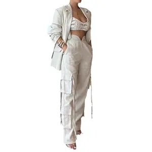 Women’s Two-Piece Set in Apricot Color, Multi-Pocket Blazer and Loose-Fit Trousers with Ribbon
