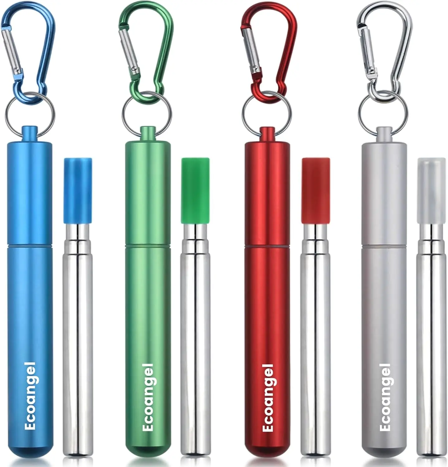 Cruise Ship Essentials, 4-Pack reusable Collapsible Stainless Steel Drinking Straws with Aluminum Case, Cleaning Brush,and Keychains-Silver,Blue,Red,Green