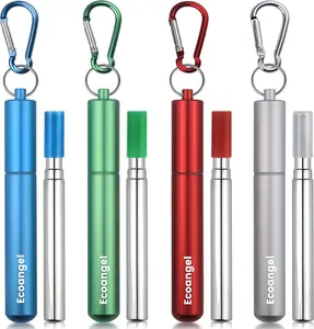 Cruise Ship Essentials, 4-Pack reusable Collapsible Stainless Steel Drinking Straws with Aluminum Case, Cleaning Brush,and Keychains-Silver,Blue,Red,Green