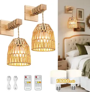 Rattan Wall Sconce, Battery Operated Wall Sconce, Wooden Swing Arm Wall Lamp, Rechargeable Wall Sconce, Woven Lantern Wall Light/Lamp Boho Wall Sconce Set of 2 for Bedroom Living Room