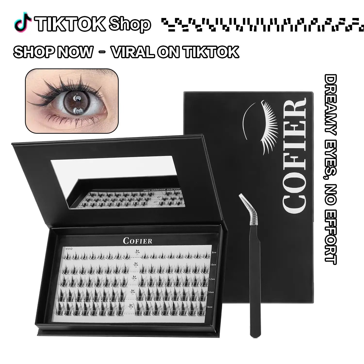 【Super Natural】Cofier DIY Lash Kit 8-14 mm Press on Lash No Glue Lash Self-Adhesive No Glue Needed - Friendly Eyelashes Set with Tweezers (80/100 Pcs)