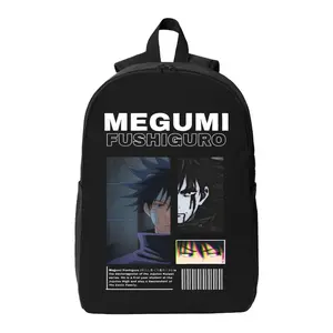 Jujutsu Kaisen Megumi Fushiguro Backpack – Black Casual Bag with Dual-Style Megumi Print, Featuring "MEGUMI FUSHIGURO" & Character Info, Anime Backpack for Fans, Durable for School/Daily Use