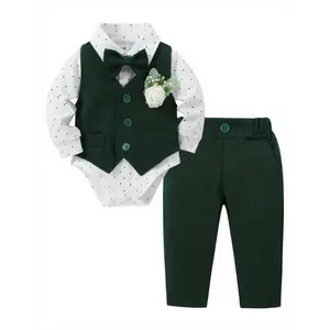 5pcs Baby Boy Long Sleeve Gentleman Suit Baby Boy Holiday Party Wedding Dress Suit One-Piece Shirt, Vest, Trousers, Bowtie, Corsage 0-24M Soft And Comfortable Cotton Toddler Clothing