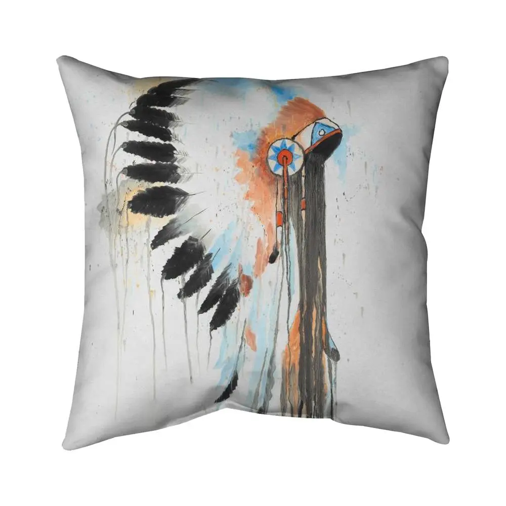 360 Stand Indian War Bonnet Throw Pillow, 18x18 in, Polyester Feather Motif Print, UV-Resistant, Indoor/Outdoor Spiritual Living Room Decor Pillow, Model 5542-1818-MI59, Decorative Standard Pillows