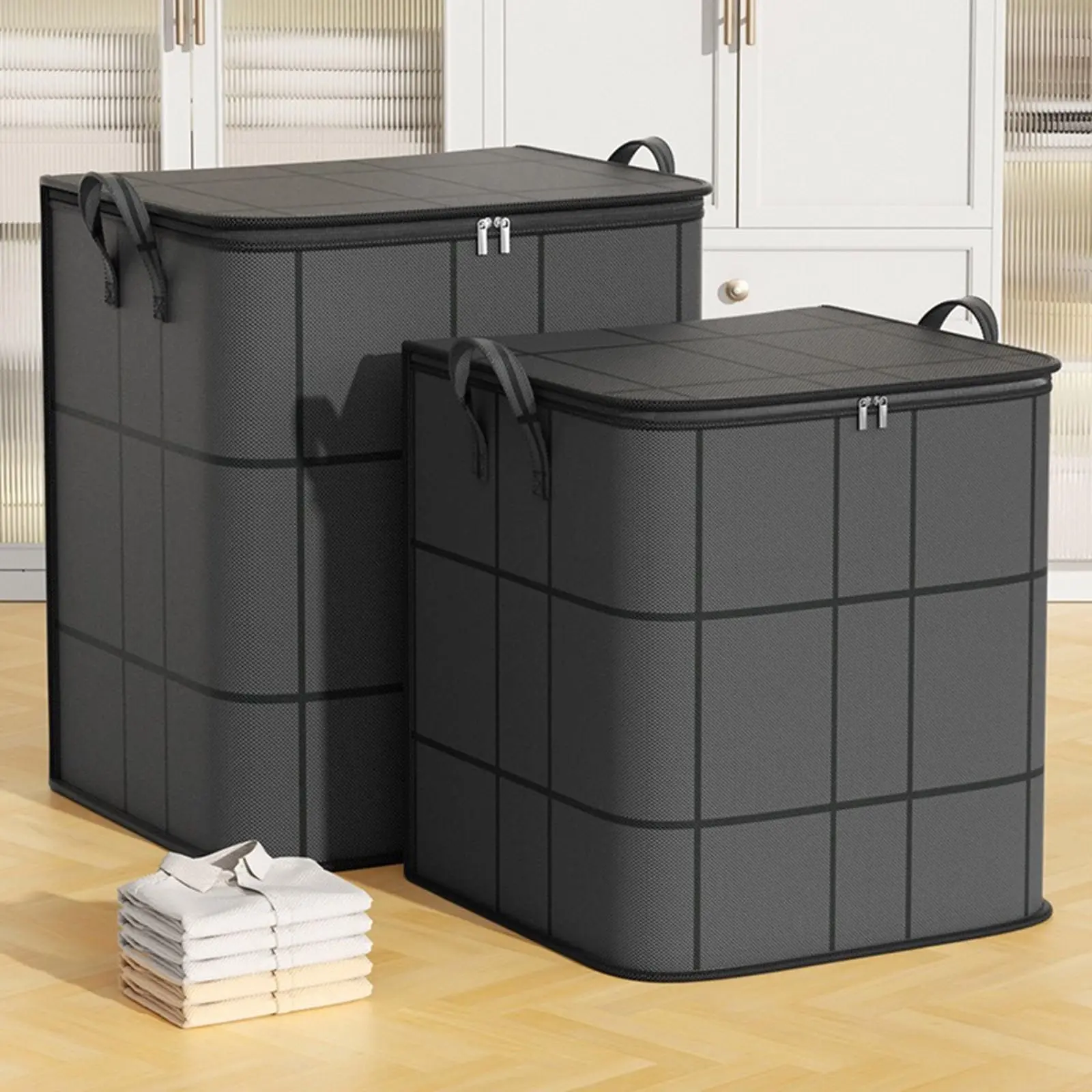 Large-capacity Gray Foldable Wardrobe Storage Box, Household Double Zipper Finishing Bag with Handle, Suitable for Clothing and Bedding Storage Space-saving Storage Box