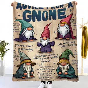[Cozy Gnome Blanket] 1pc Cozy Gnome Blanket - Soft Flannel Plush Throw with Gnome Characters, Beige & Brown Cottagecore Design, All-Season Couch Bedspread for Home Decor, Birthday Housewarming Gift for Gnome Lovers-280GSM