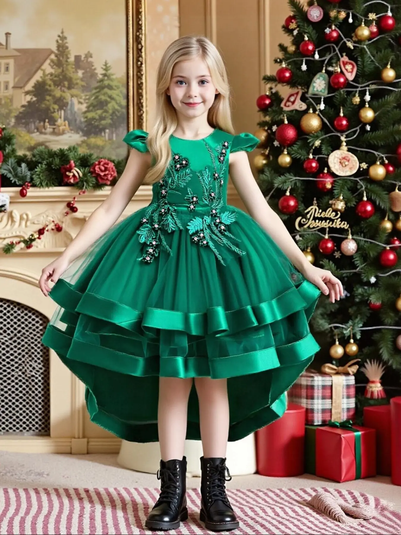 Girl's Leaf Embroidered Tulle Dress Faux Pearls Decor High Low Hem, Elegant Puff Sleeve Bow Back Zipper Back Fit & Flare Dress for Party Performance, Kids Clothes for All Seasons - TikTok Girl's Leaf Embroidered Tulle Dress Faux Pearls Decor High Low Hem, Elegant Puff Sleeve Bow Back Zipper Back Fit & Flare Dress for Party Performance, Kids Clothes for All Seasons - TikTok