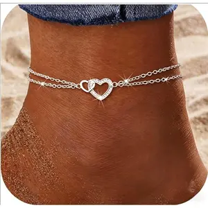 CASSIECA 925 Sterling Silver Anklets for Women Dainty CZ Parperclip Heart Layered Waterproof Silver Ankle Bracelets Adjustable Extra Large Anklet Beach Foot Jewellery, Daily Wear Women SummerVibes