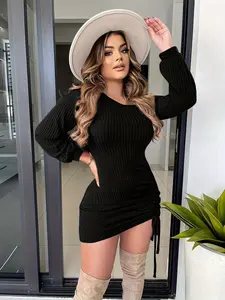 Thin Knit Asymmetrical Shoulder Long Sleeve Spring Fall Plain Sexy Slim Fit Ruched Drawstring Skirt, Lace Up Design, Short Dress