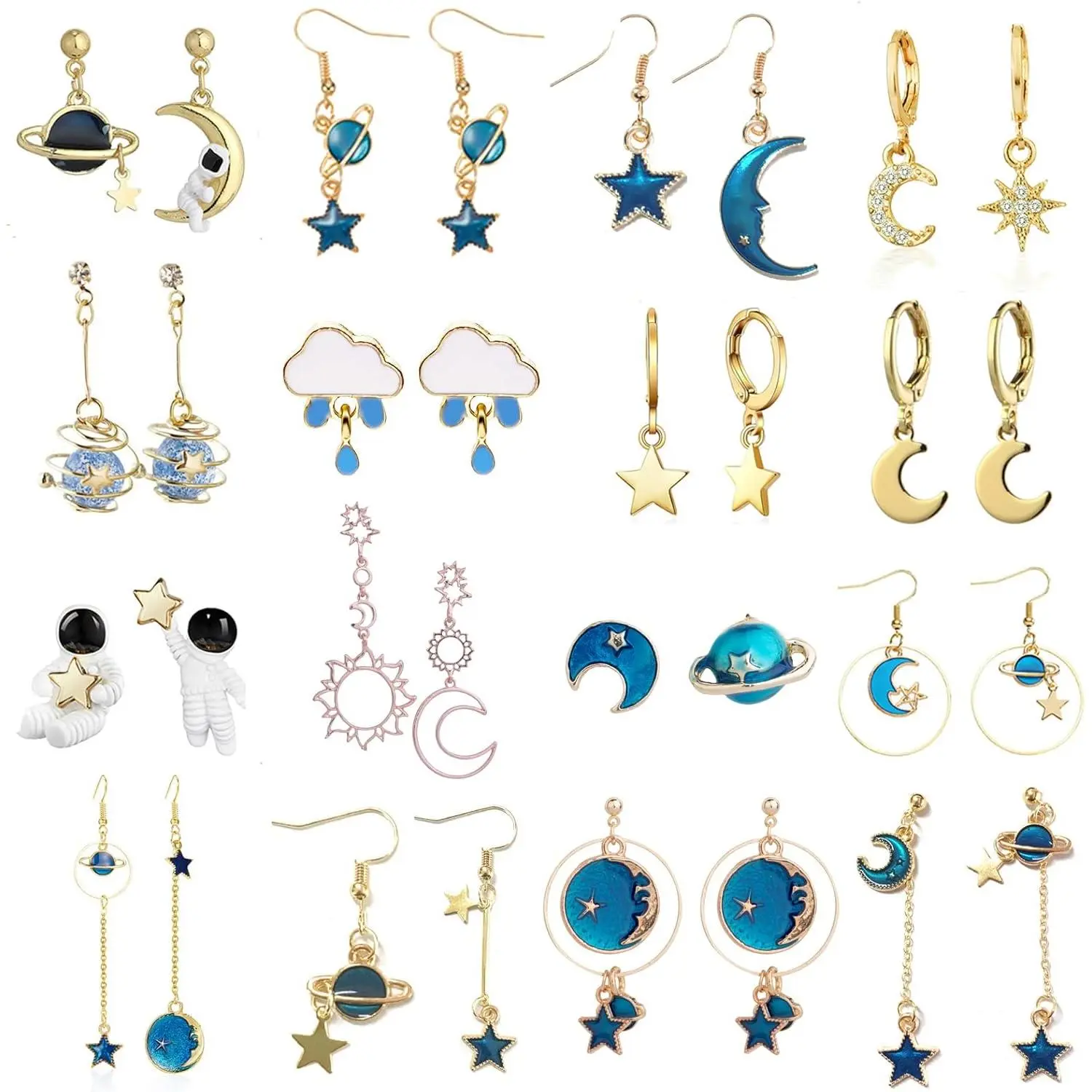 16 Pairs Moon Star Daith Earrings Set for Women Dangle Earth Planet Asymmetrical Drop Stacking Earrings Charm Spaceman Stud Earings Gold Jewelry Gift Lightweight Alloy Material Perfect for Daily Wear or Special Occasions