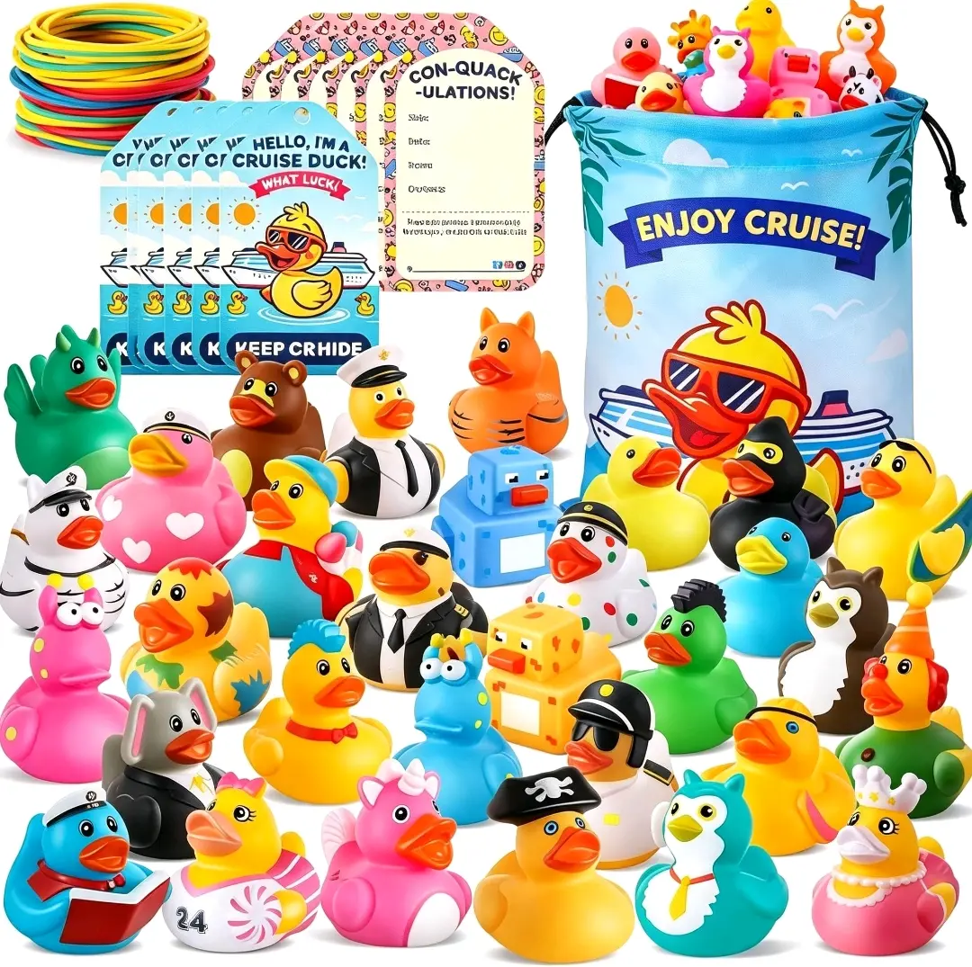 Small Bulk Rubber Duck Party Supply Gift Kit - 30 Ducks, 30 Cruise Tags, 40 Rubber Bands, 1 Storage Bag - for Christmas Door Hiding Games, Carnival Events, Hiding Fun