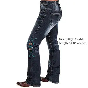 Embroidered Ripped Button Fly Mid Waist Bootcut Jeans Without Belt Comfort Denim