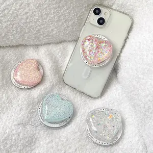 Luxury Sequins Love Heart Smart Tok For Magsafe Magnetic Phone Griptok Grip Tok Stand Universal Wireless Charging Case Holder