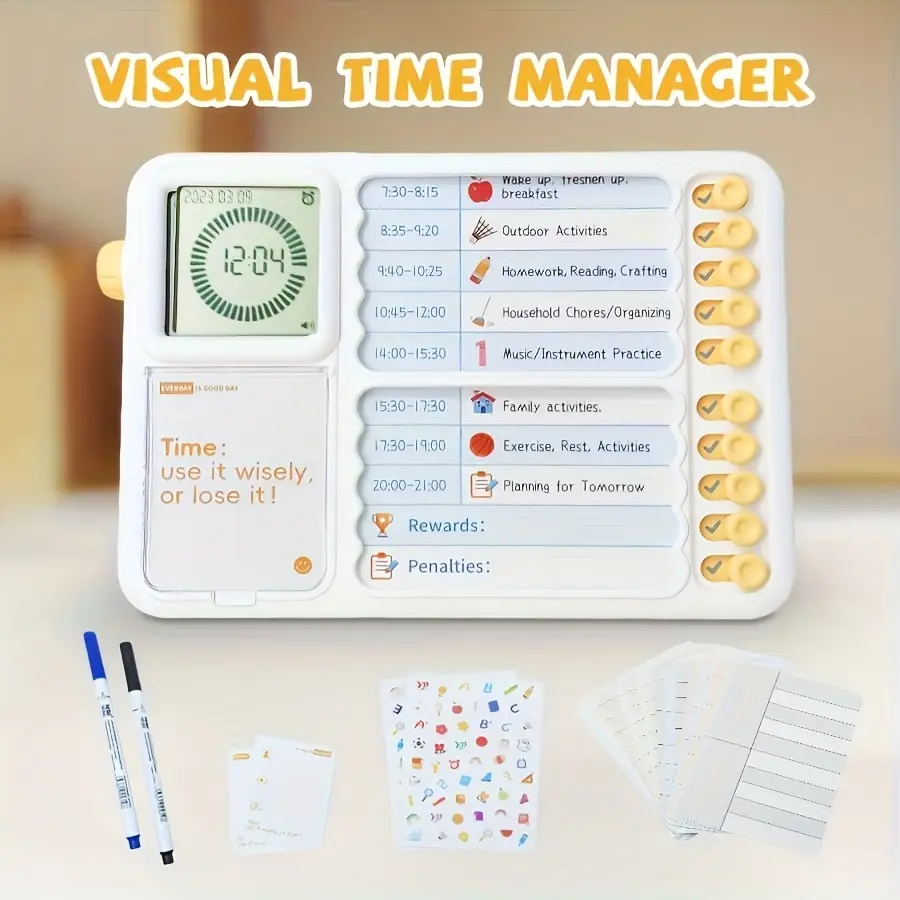 Kids' Desktop Visual Timer with 99-Minute Counting, DIY Planner Board, Pocket Flash Card Reader, Tear Off Calendar - Specialty DIY Supply for Home Office, Improves Self-Regulation
