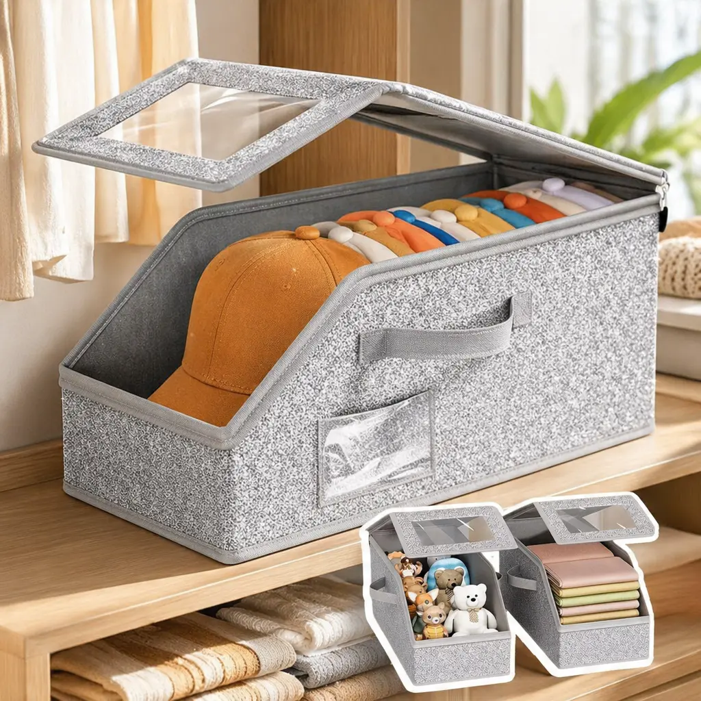 Premium Baseball Cap Storage Organizer, Holds Up to 24 Hats, Stackable Foldable Hat Box with Transparent Window, Keeps Caps Clean and Shape Protected, Closet Organizer for Bedroom