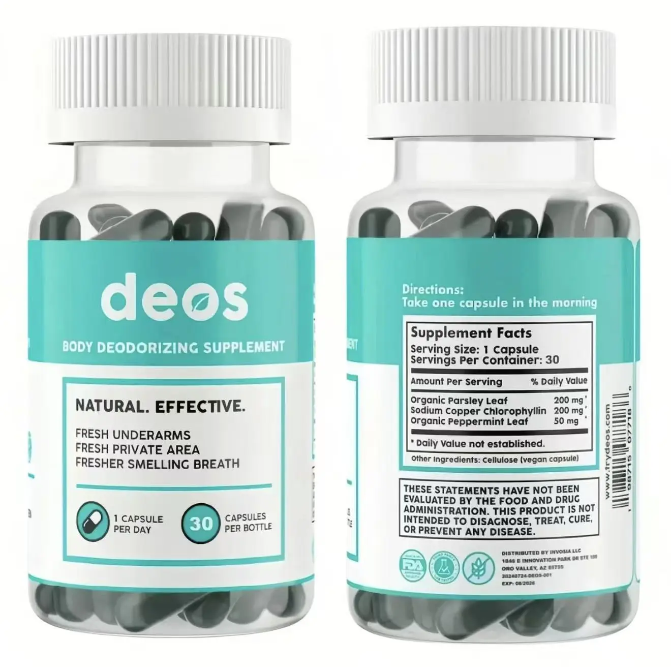 DEOS Internal Deodorant Supplement - Natural Chlorophyll Pills for Healthcare, Gut Health, Skin Health & Detox Support - Full Body Odor Control - 30 Capsules