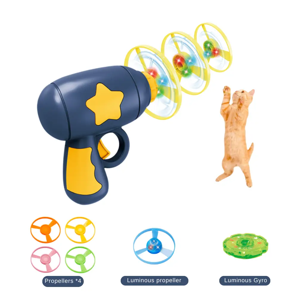 Cat 7 Pcs Fetch Toys -Dark Blue Launcher, Propellers & Gyro for Cat&dog Playtime and Exercise