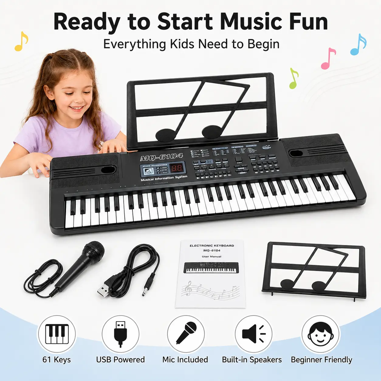 Children’s piano keyboard, 61-key piano, digital electronic piano, portable electronic music keyboard, beginner instrument with USB microphone, best gift, birthday gift