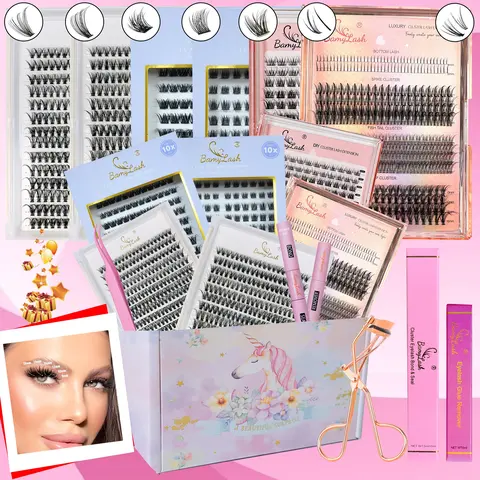 Bamylash Women's D-Curl Lash Cluster Kit - 1480 Pieces Self-Grafting Cosmetic, Accessories Bundle False Eyelashes & Adhesives, Mixed Styles for Natural Eye Makeup Enhancement