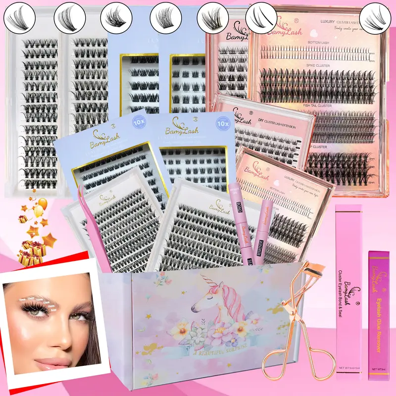 Bamylash Women's D-Curl Lash Cluster Kit - 1480 Pieces Self-Grafting Cosmetic, Accessories Bundle False Eyelashes & Adhesives, Mixed Styles for Natural Eye Makeup Enhancement