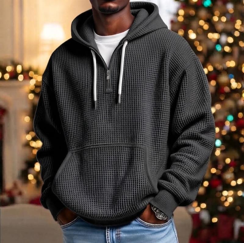 Men's Jacquard Hoodie Sweatshirt with Waffle Texture, Half Zip Long Sleeve Pullover Hooded Top, Loose Casual Streetwear Style for Daily Outdoor and Weekend Wear