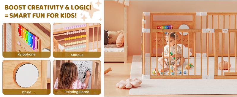 Naudacaa Baby Playpen & Safety Gate, 6/8/10 Panels  Foldable Pine Wood Play Yard with Child-Proof Lock, Easy-Assembly Baby Fence for Indoor Safe Play