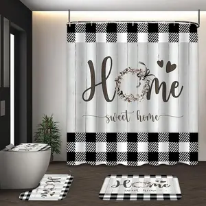 Plaid & Letter Pattern Bathroom Set, 4pcs Modern Non-slip Bathroom Decoration Set, Including Bath Curtain, Toilet Lid Mat & Bath Mat, Bathroom Supplies, Home Goods, Bathroom Decoration Accessories, Shower Curtain Set, Restroom Bathroom Accessories