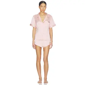 homebodii Grace Short Pajama Set in Blush With White Piping