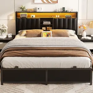 Cyclysio King/Queen/Full Size Bed Frame with Charging Station & Led Light, Platform Bed with Leather Upholstered Headboard and Storage,  mega bed Unique Bedroom Furniture