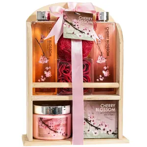 Deluxe Cherry Blossom Relaxing Spa Basket for Women: Indulge Bath Set Home Spa Package with Shower Gel, Bubble Bath, Bath Salts, Body Lotion, Bath Puff, Pink Bath Rose Soaps in Wooden Curio