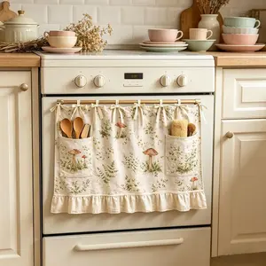 Handmade Oven Skirt Kitchen Decor, Rustic Style Stove Curtain with Lace Ruffles and Ribbon Tie, Pocketed Oven Cover for Small Country Kitchens